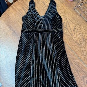 Windsor Black Velvet Midi Dress with Gold Stripes